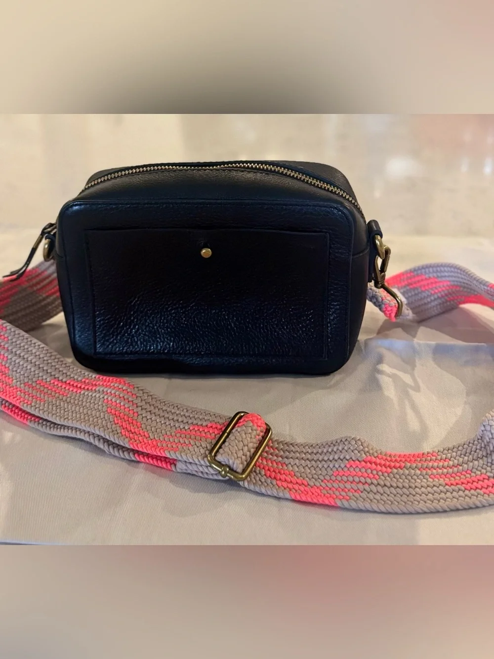 Madewell The Transport Camera Bag Black Leather with Wide and Webbed Strap